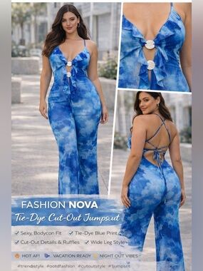 Fashion Nova Blue Tie Dye Cut-Out Jumpsuit Size SmallOpen Back Strappy Wide Leg